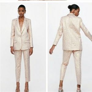 Zara Basic Metallic Jacquard Gold/Pink Blazer and Ankle Pants